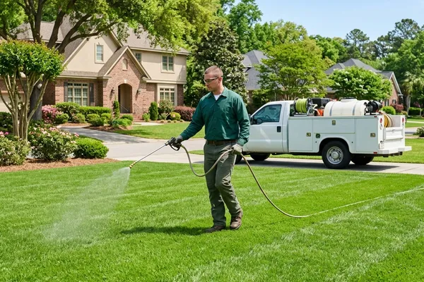 Lawn treatment application on green lawn